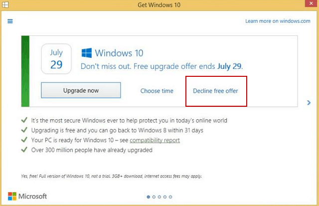 Microsoft facilita el rechazo de la actualización gratuita de Windows 10