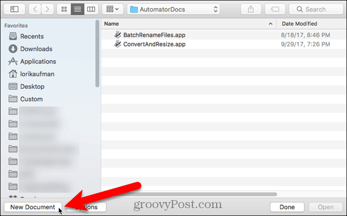 Haga clic en Nuevo documento en Automator en Mac
