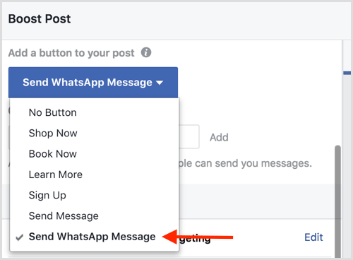 Seleccione la opción Enviar mensaje de WhatsApp cuando impulse una publicación de Facebook.