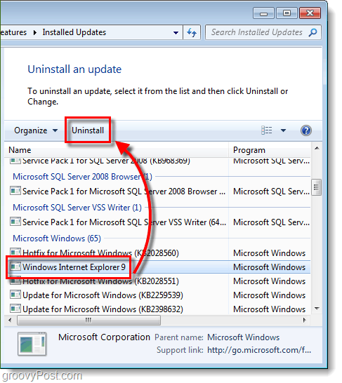 desinstalar la actualización de internet explorer 9
