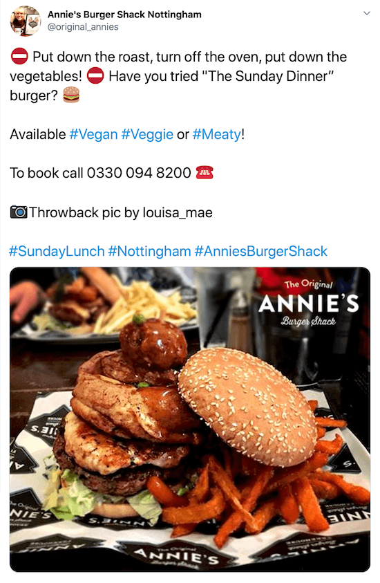 captura de pantalla de la publicación de Twitter de @original_annies con una imagen de una hamburguesa y batatas fritas con una descripción llamativa, su número de teléfono, crédito de imagen y hashtags