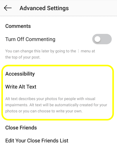 Cómo agregar texto alternativo a las publicaciones de Instagram, paso 2, opción de accesibilidad de la publicación de Instagram para configurar la etiqueta alt
