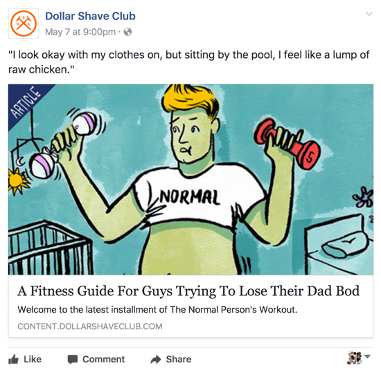 Dollar Shave Club comparte contenido relevante e inteligente en su página comercial de Facebook.