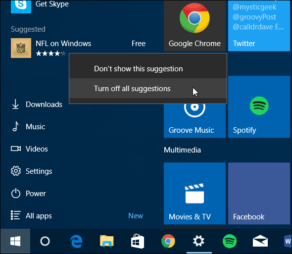 Menú de inicio de Windows 10 Desactivar aplicaciones sugeridas
