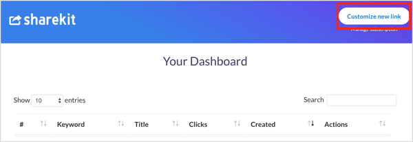 Haga clic en el botón Personalizar nuevo enlace en ShareKit.
