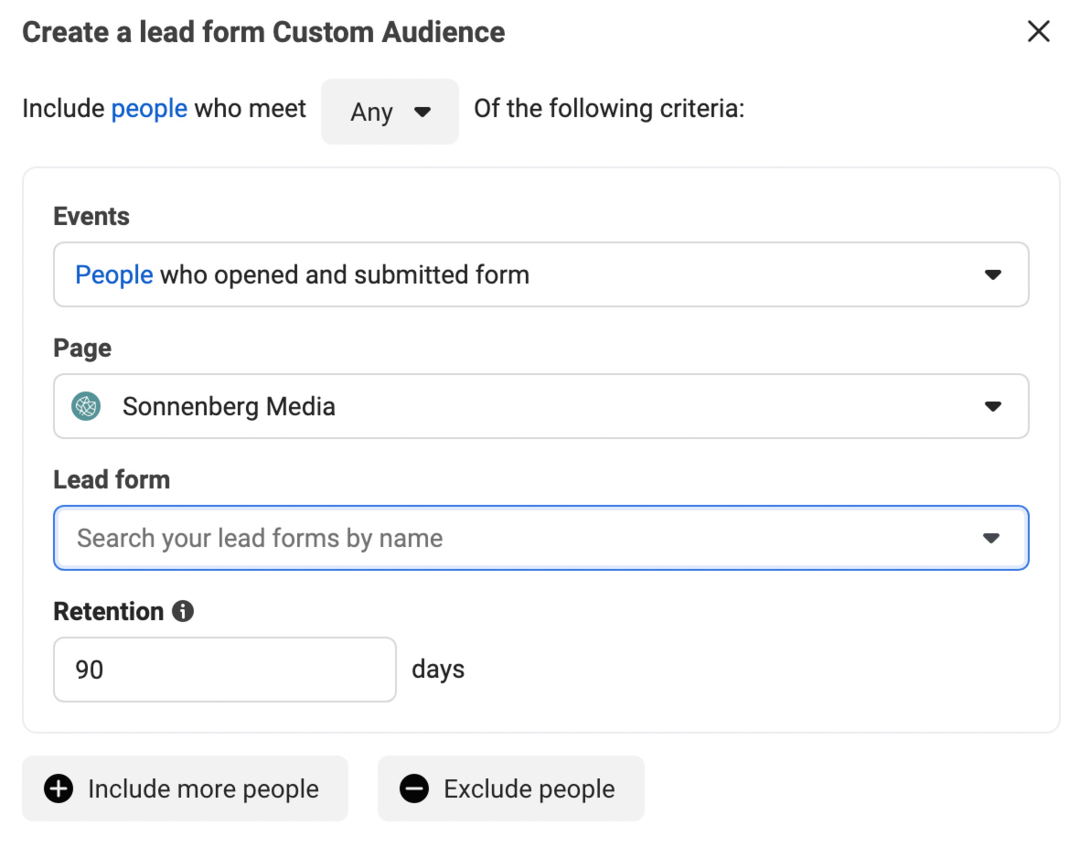 imagen del cuadro de diálogo Crear una audiencia personalizada de formulario de cliente potencial en el administrador de anuncios