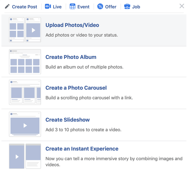 Cómo configurar Facebook Premiere, paso 2, opción de cargar foto / video