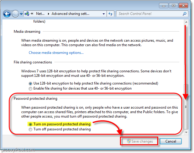 habilitar la protección con contraseña de archivos compartidos localmente en Windows 7