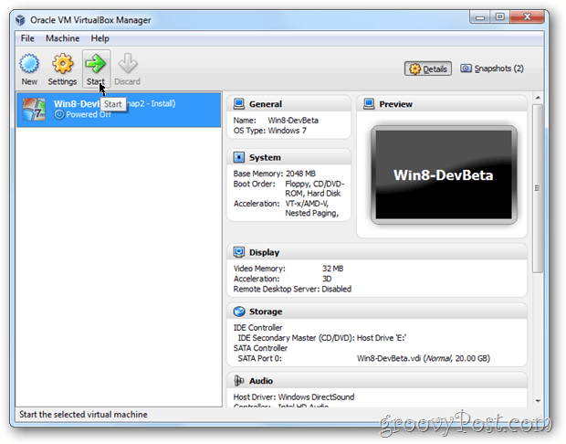 VirtualBox Windows 8 iniciar vm