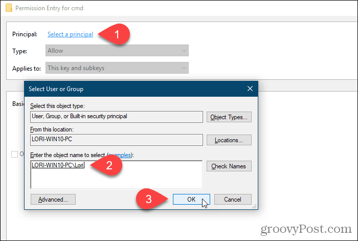 Haga clic en Seleccionar un director y seleccione un usuario o grupo para obtener permisos en el Registro de Windows