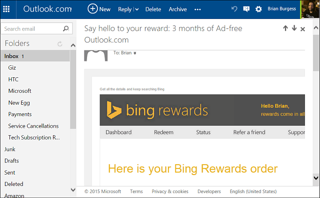 Obtenga Oultook.com sin publicidad durante todo el año con Bing Rewards
