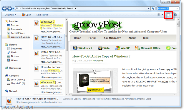 use el panel de vista previa de Windows 7 para ver sitios web a través del conector de búsqueda en su ventana del explorador