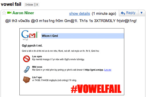 Gmail 2010 April Fools Vowel Failure