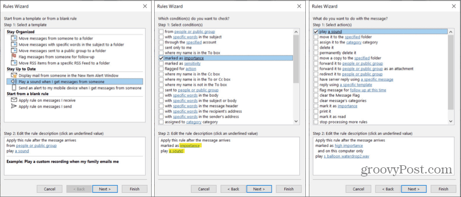 Reproducir sonido para ciertos correos electrónicos Regla de Outlook