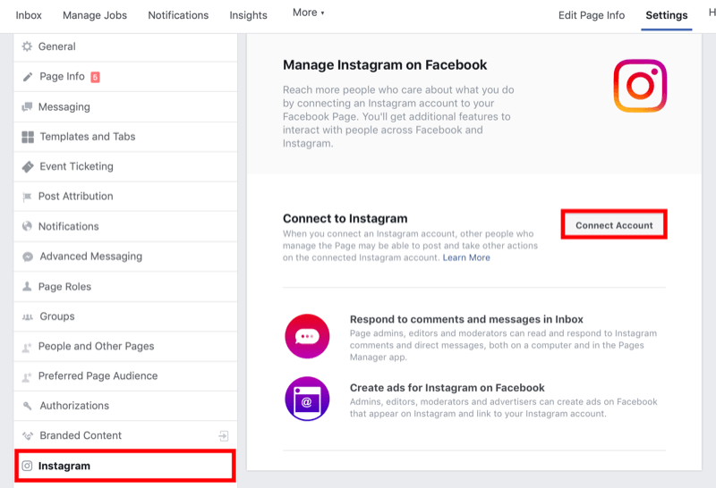 cómo conectar la página de Facebook a la cuenta comercial de Instagram en la configuración de la página de Facebook