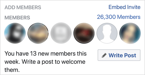 Haga clic en Escribir publicación para dar la bienvenida a los nuevos miembros del grupo de Facebook.