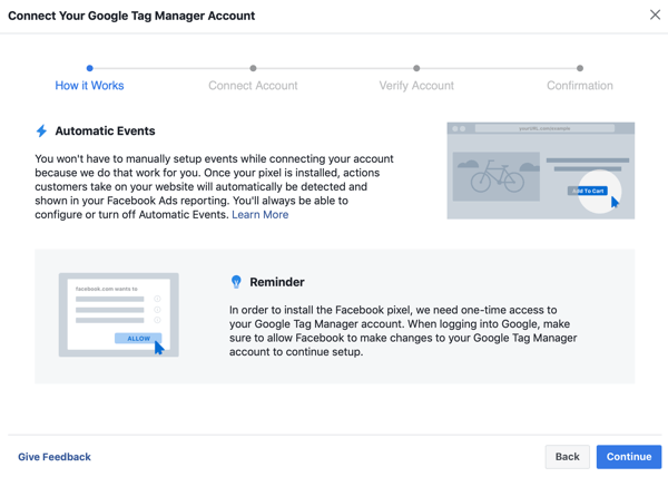 Use Google Tag Manager con Facebook, paso 6, botón de continuar cuando conecte Google Tag Manager a su cuenta de Facebook