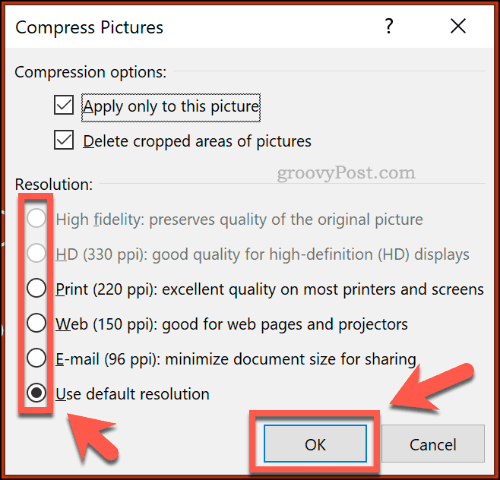 Opciones de Comprimir imágenes en PowerPoint