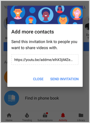 Enlace de invitación de YouTube para compartir con personas para agregar más contactos