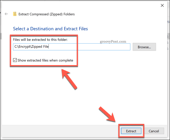Las opciones de extracción para un archivo zip de Windows