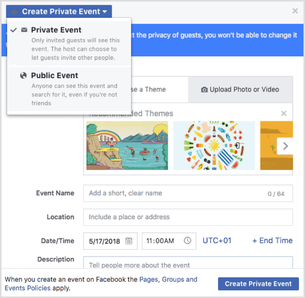 Opciones de eventos de Facebook al crear un evento desde un perfil de Facebook