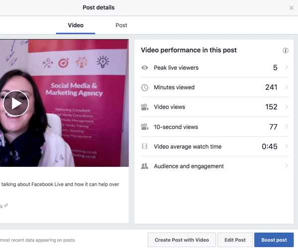 Seleccione un video en su biblioteca de videos de Facebook para ver las métricas de rendimiento.