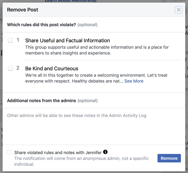 Cómo mejorar la comunidad de su grupo de Facebook, ejemplo de la opción de Facebook para identificar qué regla (s) violó una publicación, así como la opción de notificar al miembro