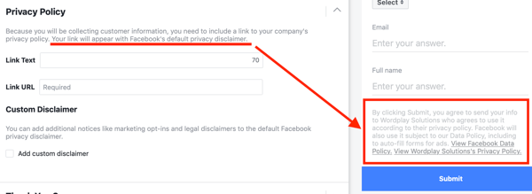 Ejemplo de una política de privacidad incluida en las opciones de una campaña publicitaria de leads de Facebook.