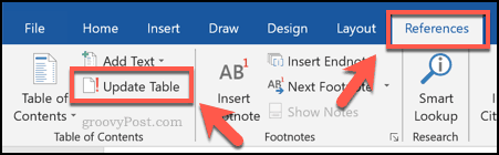 Actualización de una tabla de contenido en Word