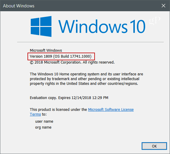 Winver Windows 10 versión 1809