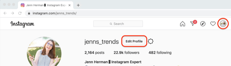 captura de pantalla de un perfil de Instagram con el botón 'editar perfil' resaltado