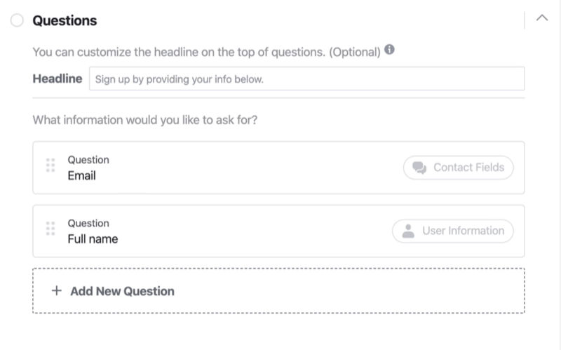Sección de preguntas del proceso de configuración del formulario de clientes potenciales de Facebook