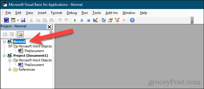 Seleccione Proyecto normal en el editor VBA en Word