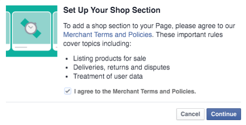 aceptar los términos y políticas del comerciante de la tienda de Facebook y continuar