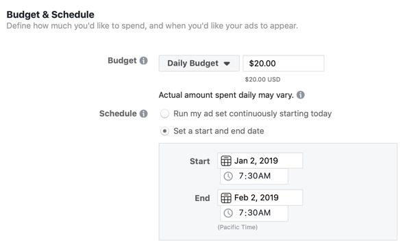 Opciones de presupuesto y programación para una campaña publicitaria de clientes potenciales de Facebook.