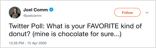 Joel Comm les preguntó a sus seguidores de Twitter: ¿Cuál es tu tipo de dona favorita? El mío es el chocolate seguro. El tweet apareció el 15 de abril de 2009.