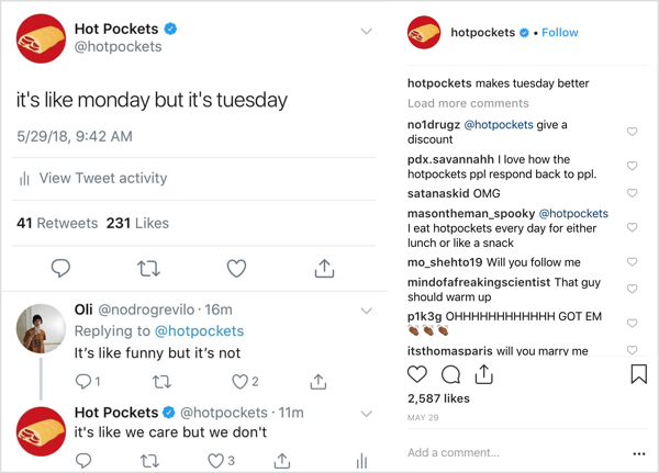 Publicación de Instagram de Hot Pockets con el humor peculiar de la marca registrada.