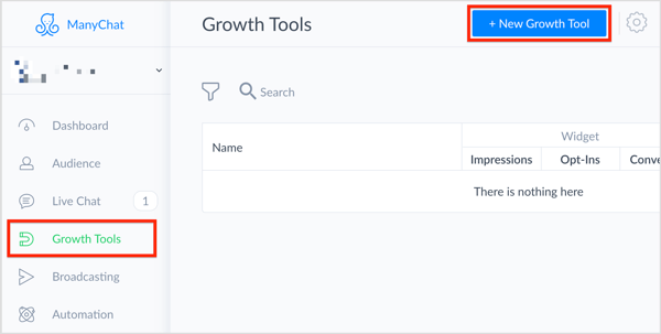 En ManyChat, seleccione Herramientas de crecimiento a la izquierda y haga clic en el botón + Nueva herramienta de crecimiento en la parte superior derecha.
