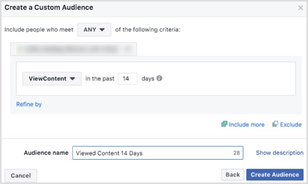 Elija opciones para crear un sitio web de audiencia personalizado de Facebook basado en el evento ViewContent 