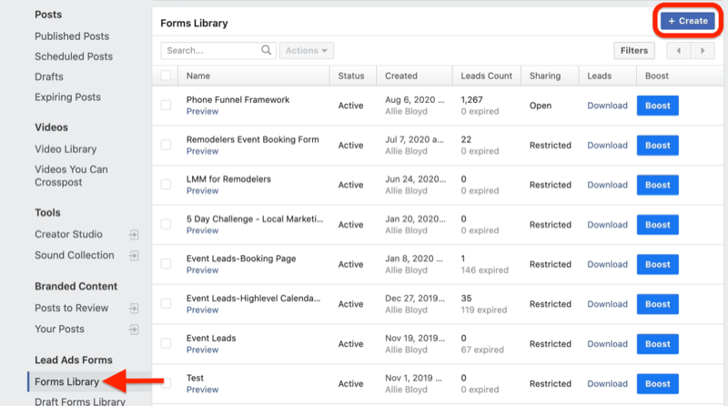 menú de herramientas de publicación del administrador de negocios de facebook con la biblioteca de formularios resaltada debajo de los formularios de anuncios principales con el botón de creación resaltado