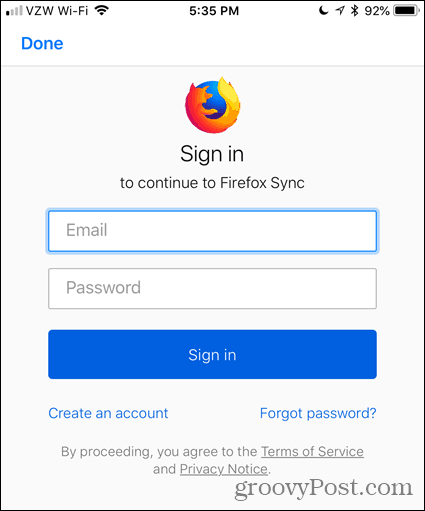 Ingrese su correo electrónico y contraseña en Firefox para iOS