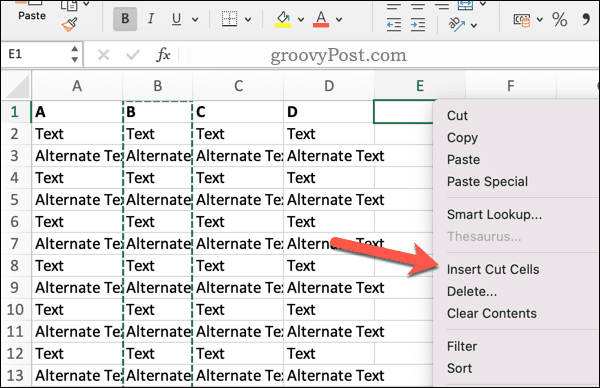 Insertar celdas cortadas en Excel
