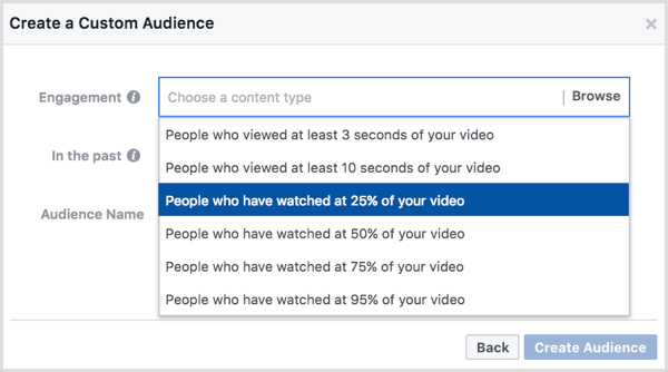 Audiencia personalizada de Facebook basada en vistas de video