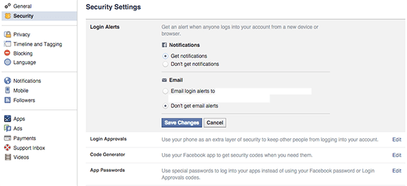 configuración de notificaciones de seguridad de escritorio de Facebook