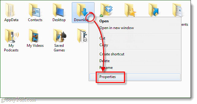 Propiedades de la carpeta de Windows para descargas