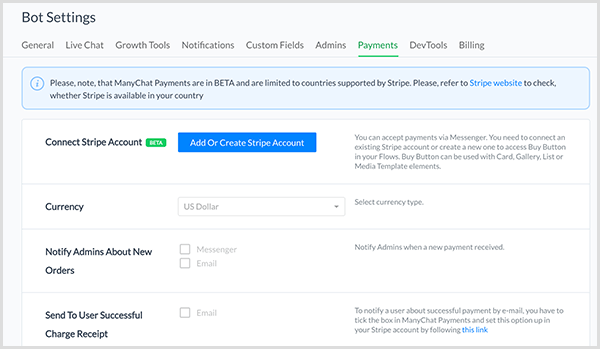 Molly Pittman dice que la configuración del bot de ManyChat te permite conectar una cuenta de Stripe.