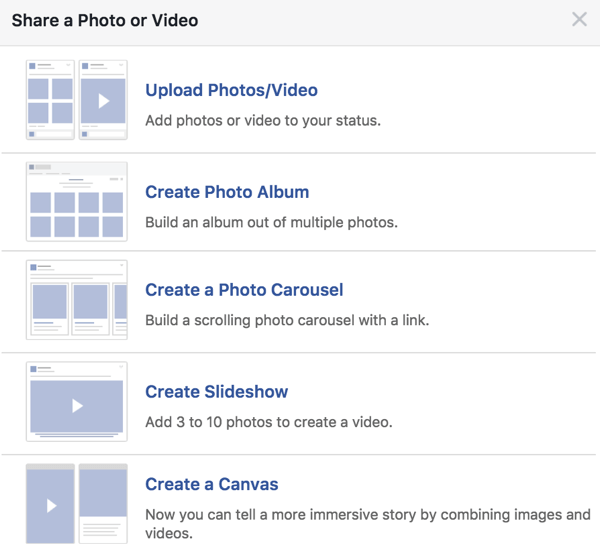 Al crear una publicación de Facebook para impulsar, no siempre elija una sola imagen; Experimente también con otras opciones de medios.