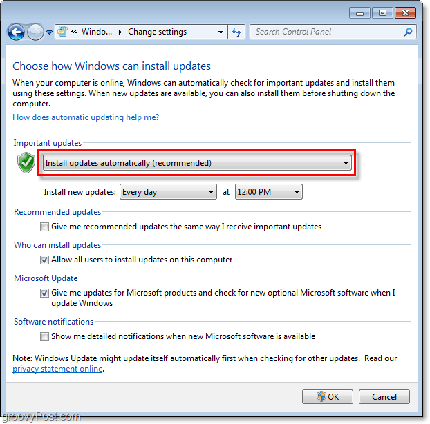 Windows 7: captura de pantalla del menú de configuración de Windows Update