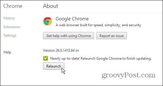 Página Acerca de Google Chrome: actualización y relanzamiento