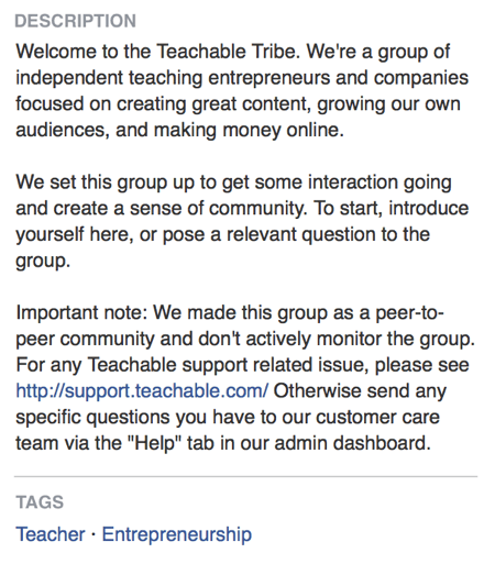 En la descripción del grupo de Facebook, Teachable afirma directamente que su grupo de Facebook se trata de crear una comunidad.